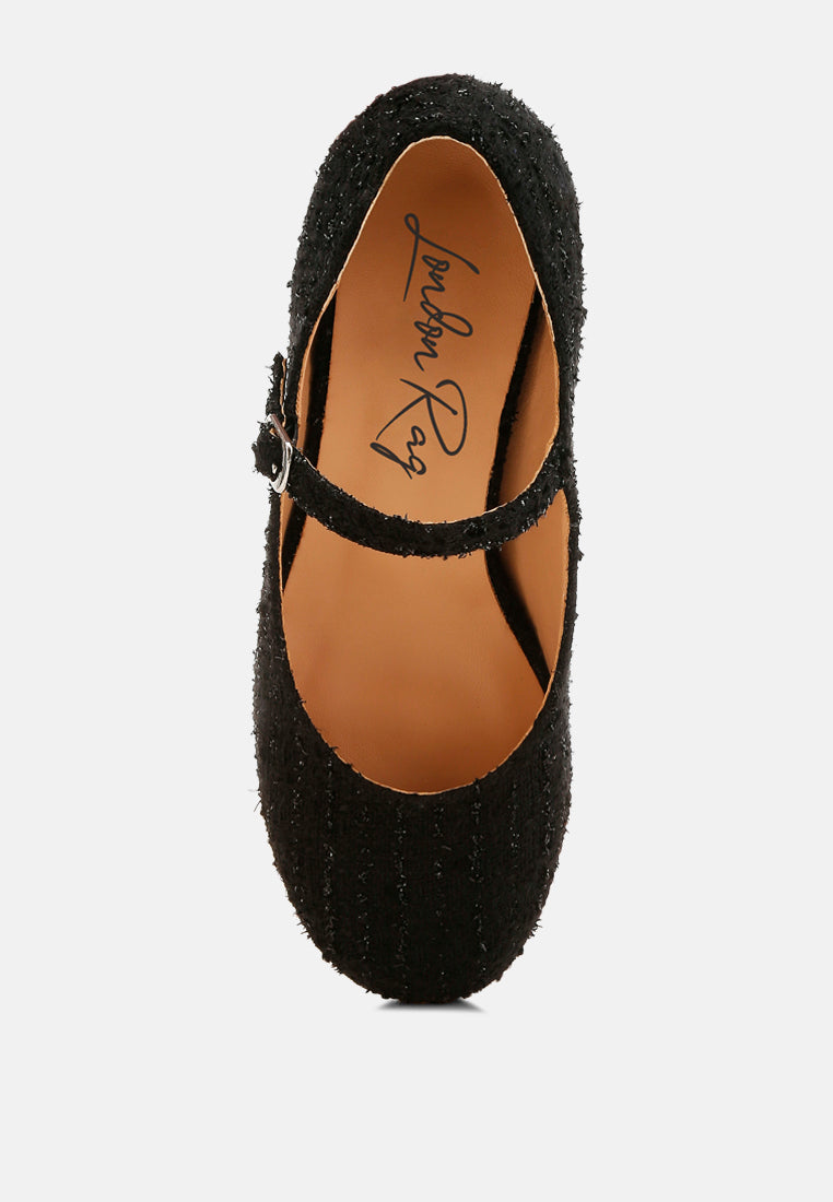 Black Tweed Mary Jane Sandals by London Rag – Mary Jane sandals with a tweed fabric upper, ankle strap, and low block heel, back view