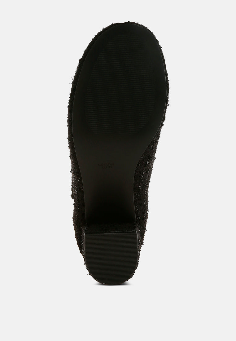 Black Tweed Mary Jane Sandals by London Rag – Mary Jane sandals with a tweed fabric upper, ankle strap, and low block heel, close-up detail view