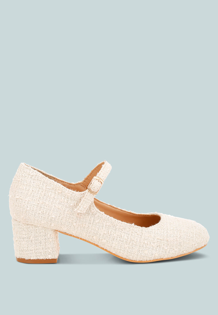 White Tweed Mary Jane Sandals by London Rag – Mary Jane sandals with a tweed fabric upper, ankle strap, and low block heel, front view