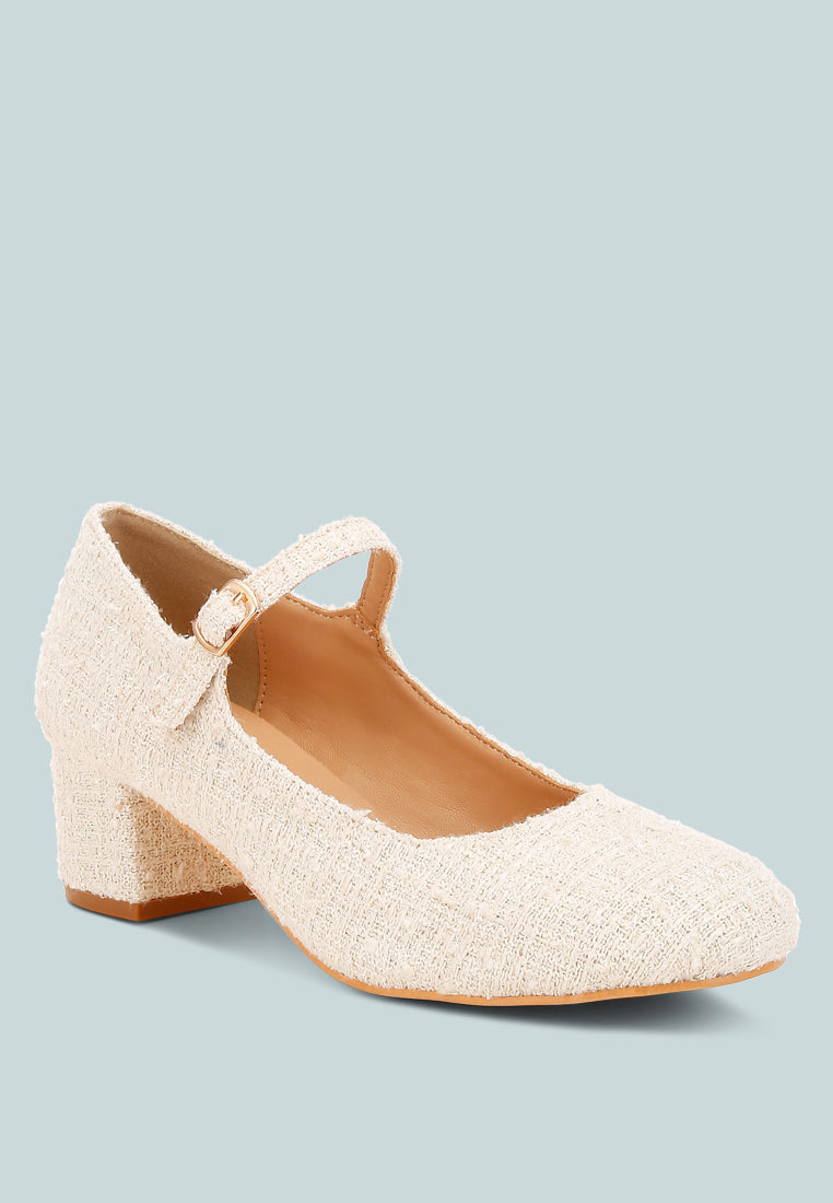 White Tweed Mary Jane Sandals by London Rag – Mary Jane sandals with a tweed fabric upper, ankle strap, and low block heel, side profile view