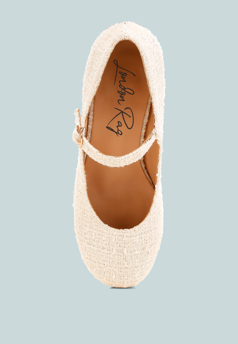 White Tweed Mary Jane Sandals by London Rag – Mary Jane sandals with a tweed fabric upper, ankle strap, and low block heel, back view