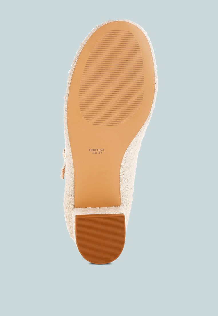 White Tweed Mary Jane Sandals by London Rag – Mary Jane sandals with a tweed fabric upper, ankle strap, and low block heel, close-up detail view