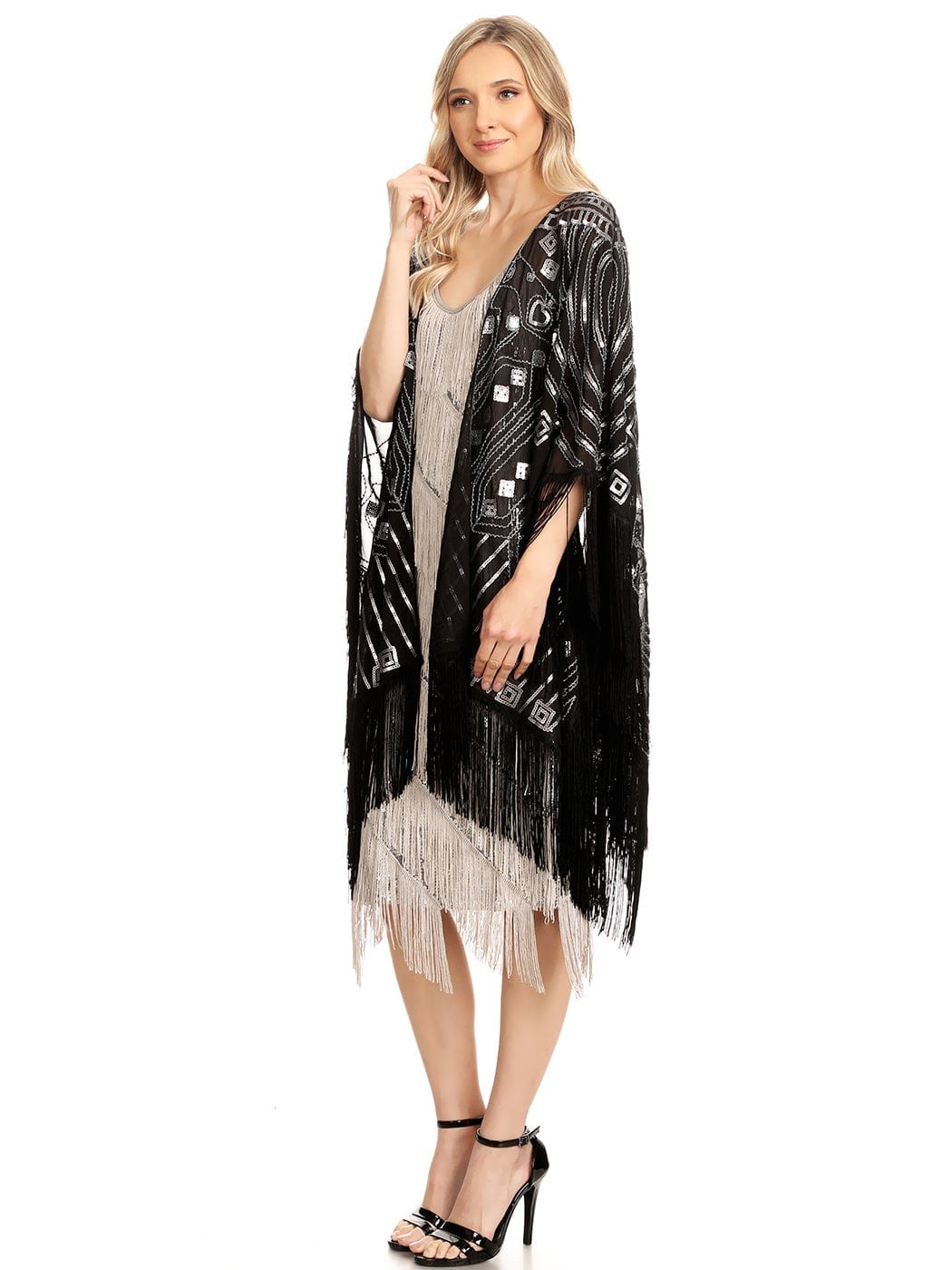 Anna-Kaci Womens Oversize Hand Beaded Fringed Sequin Evening Shawl Wrap by Anna-Kaci