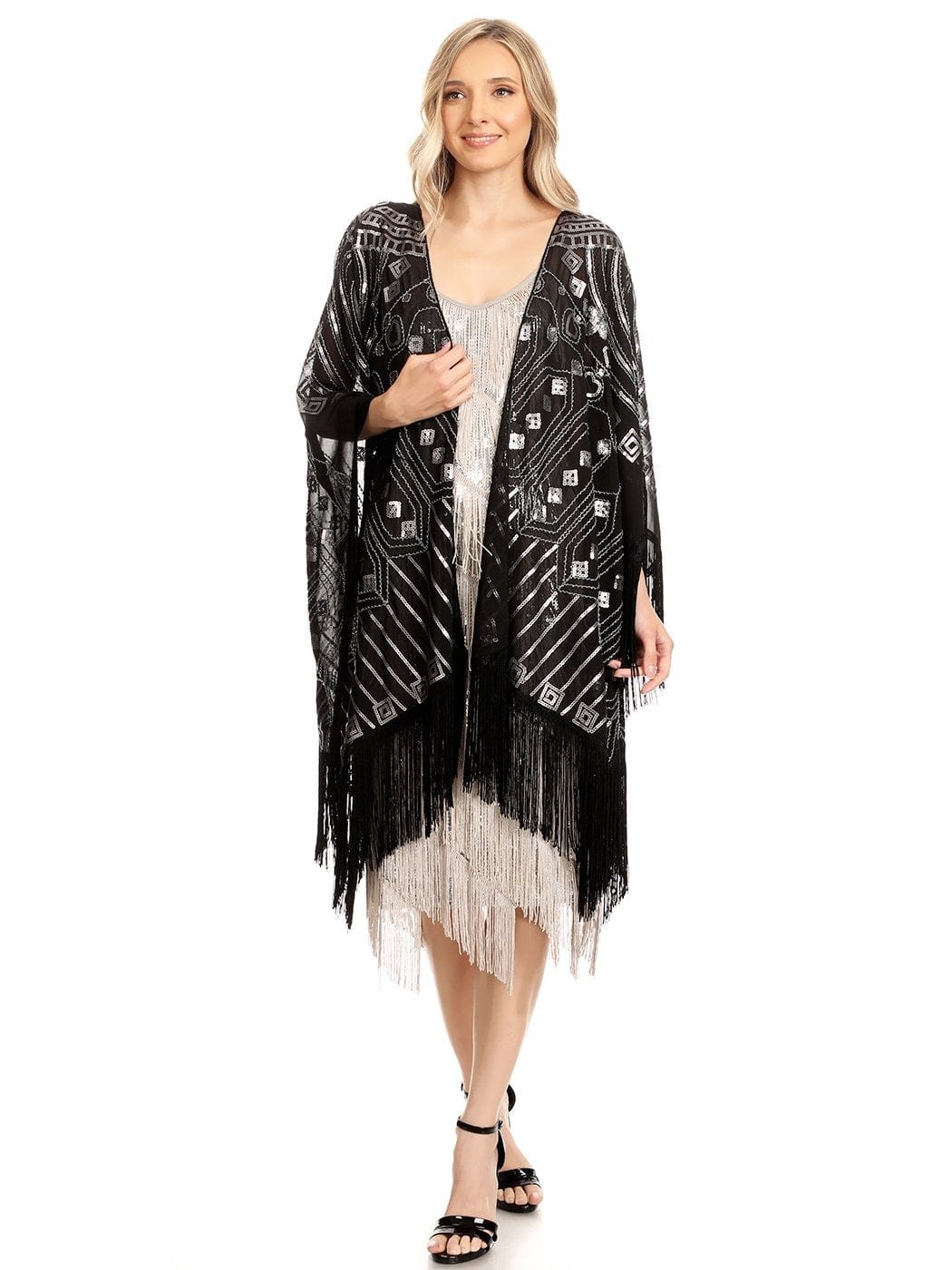 Anna-Kaci Womens Oversize Hand Beaded Fringed Sequin Evening Shawl Wrap by Anna-Kaci