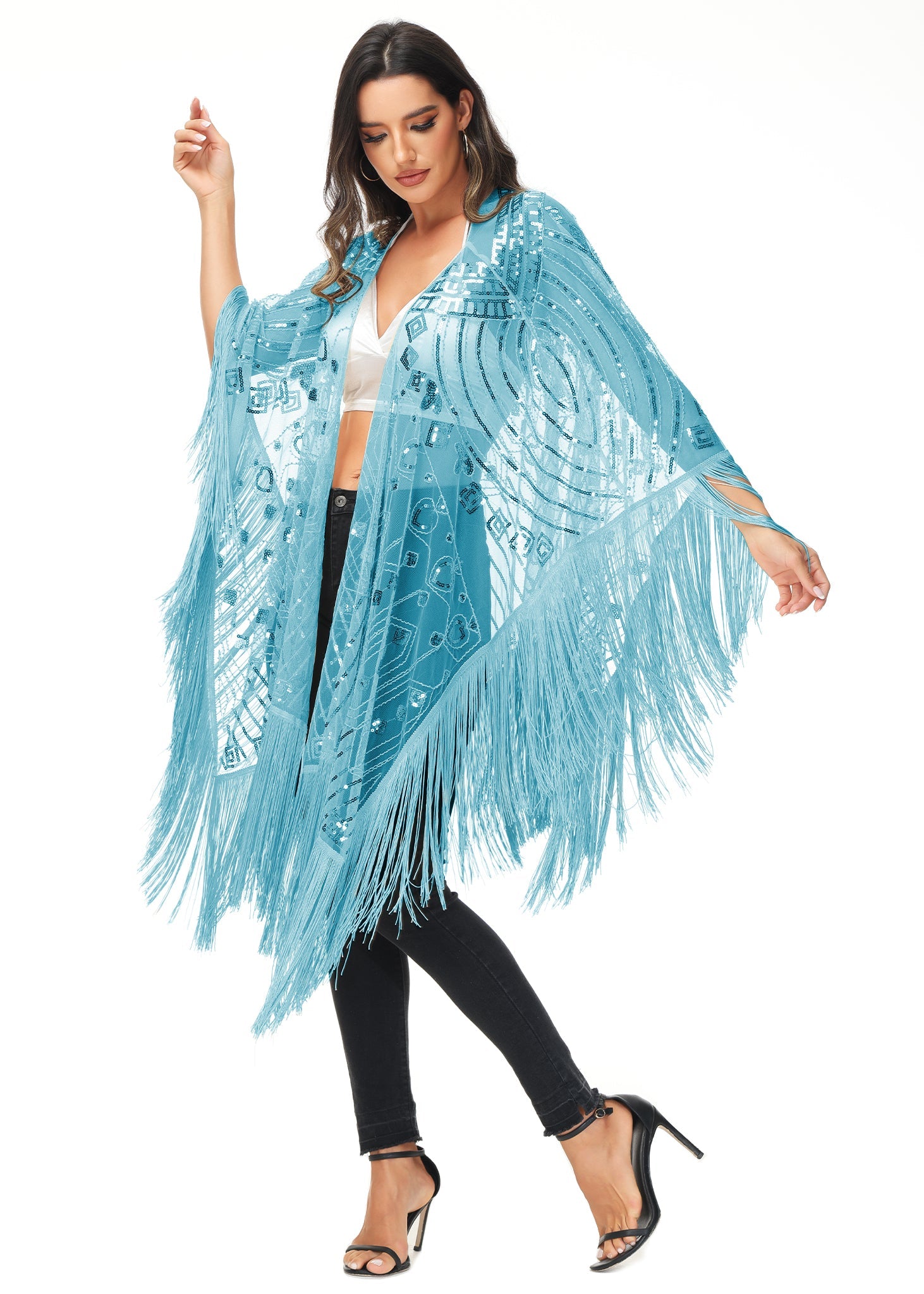 Anna-Kaci Womens Oversize Hand Beaded Fringed Sequin Evening Shawl Wrap by Anna-Kaci