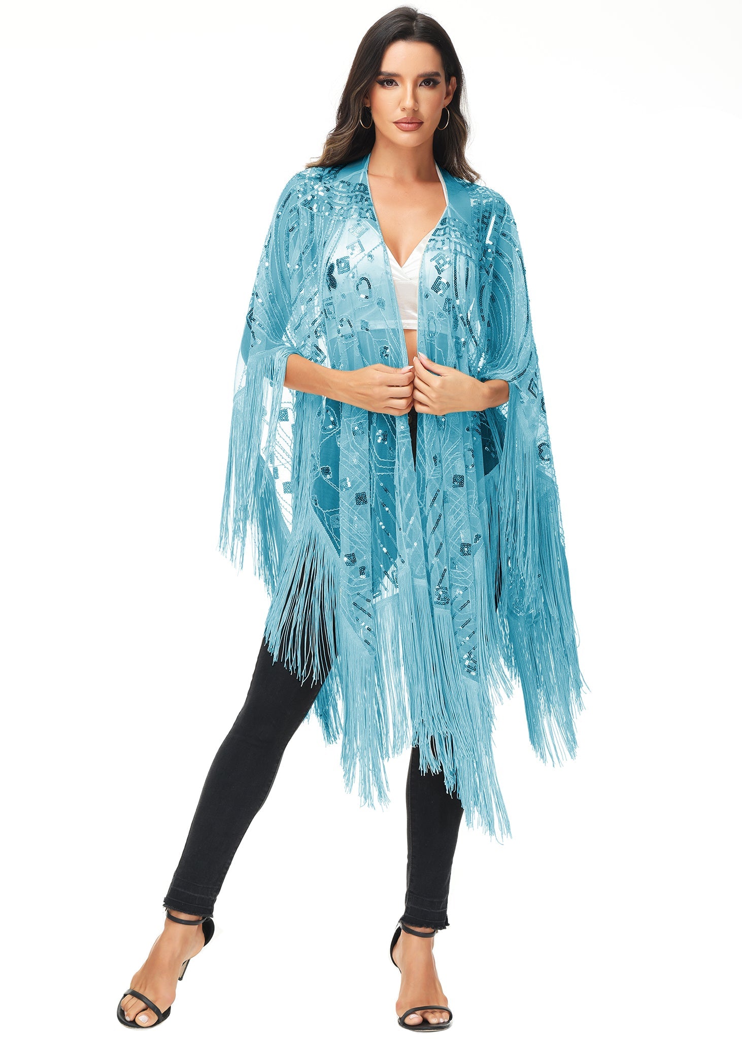 Anna-Kaci Womens Oversize Hand Beaded Fringed Sequin Evening Shawl Wrap by Anna-Kaci