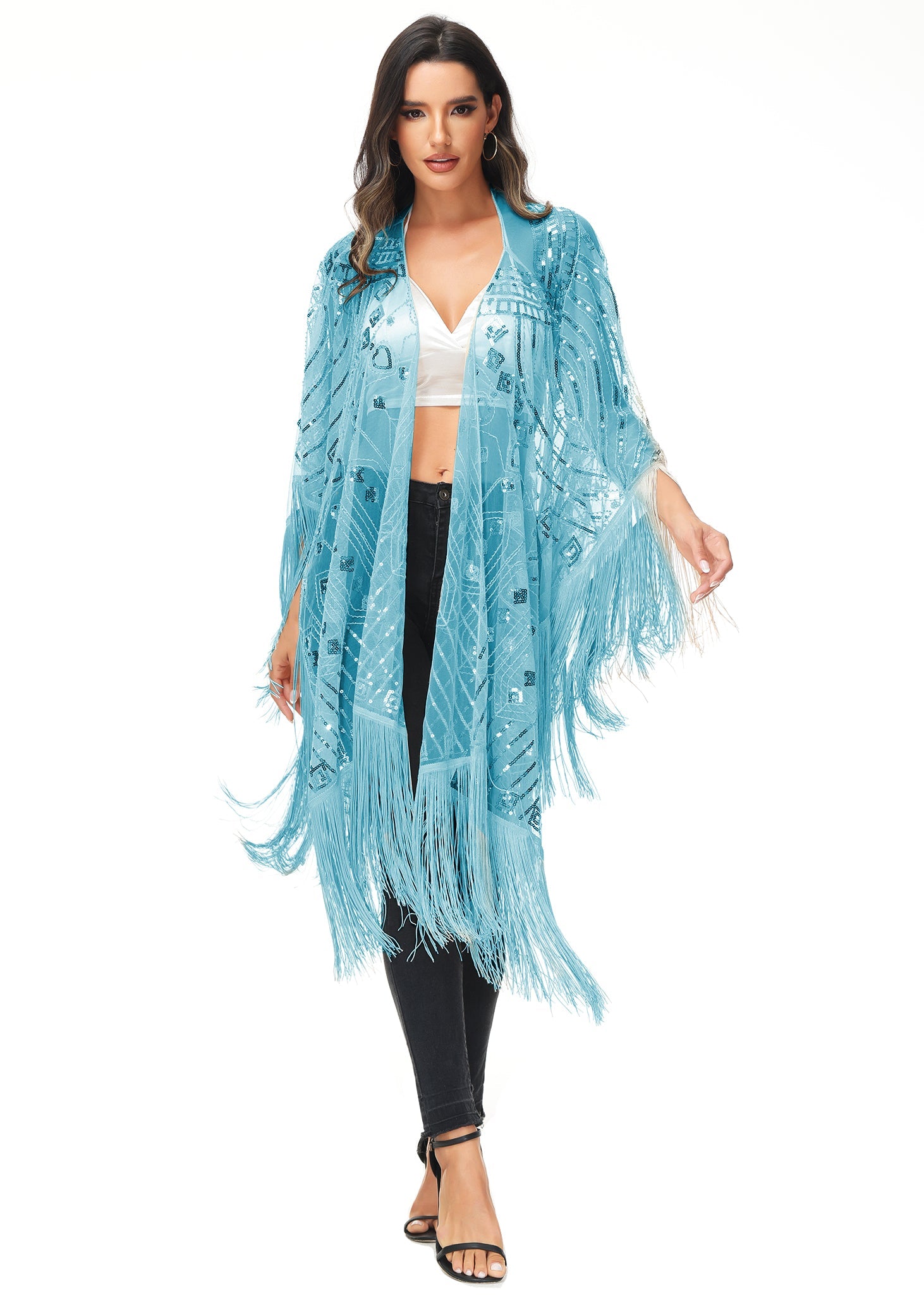 Anna-Kaci Womens Oversize Hand Beaded Fringed Sequin Evening Shawl Wrap by Anna-Kaci