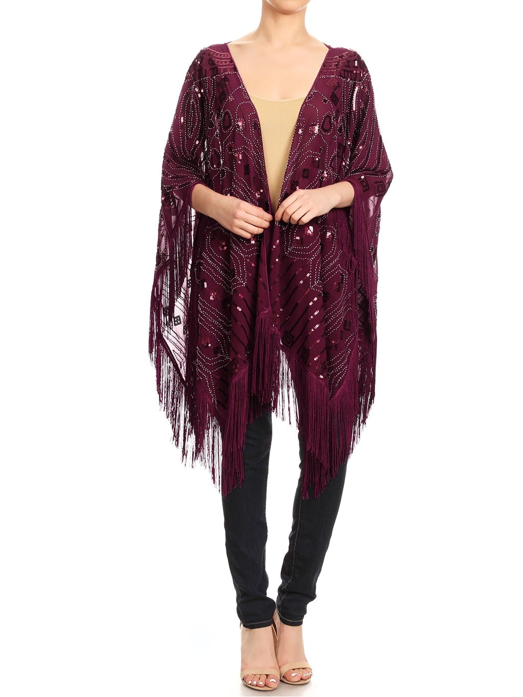 Anna-Kaci Womens Oversize Hand Beaded Fringed Sequin Evening Shawl Wrap by Anna-Kaci