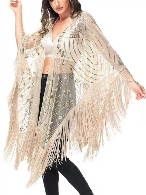 Anna-Kaci Womens Oversize Hand Beaded Fringed Sequin Evening Shawl Wrap by Anna-Kaci