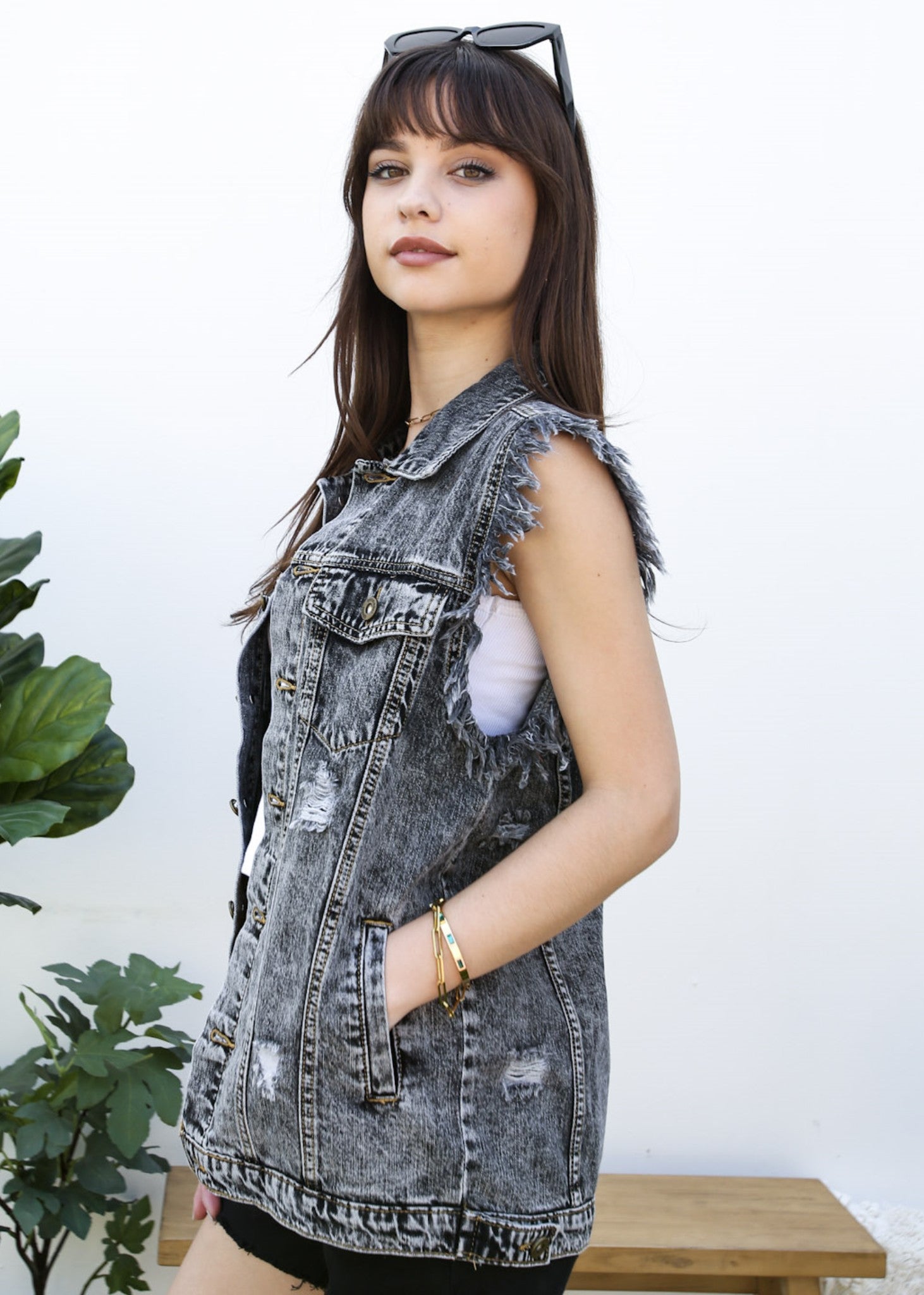 Oversize Distressed Sleeveless Denim Vest by Anna-Kaci