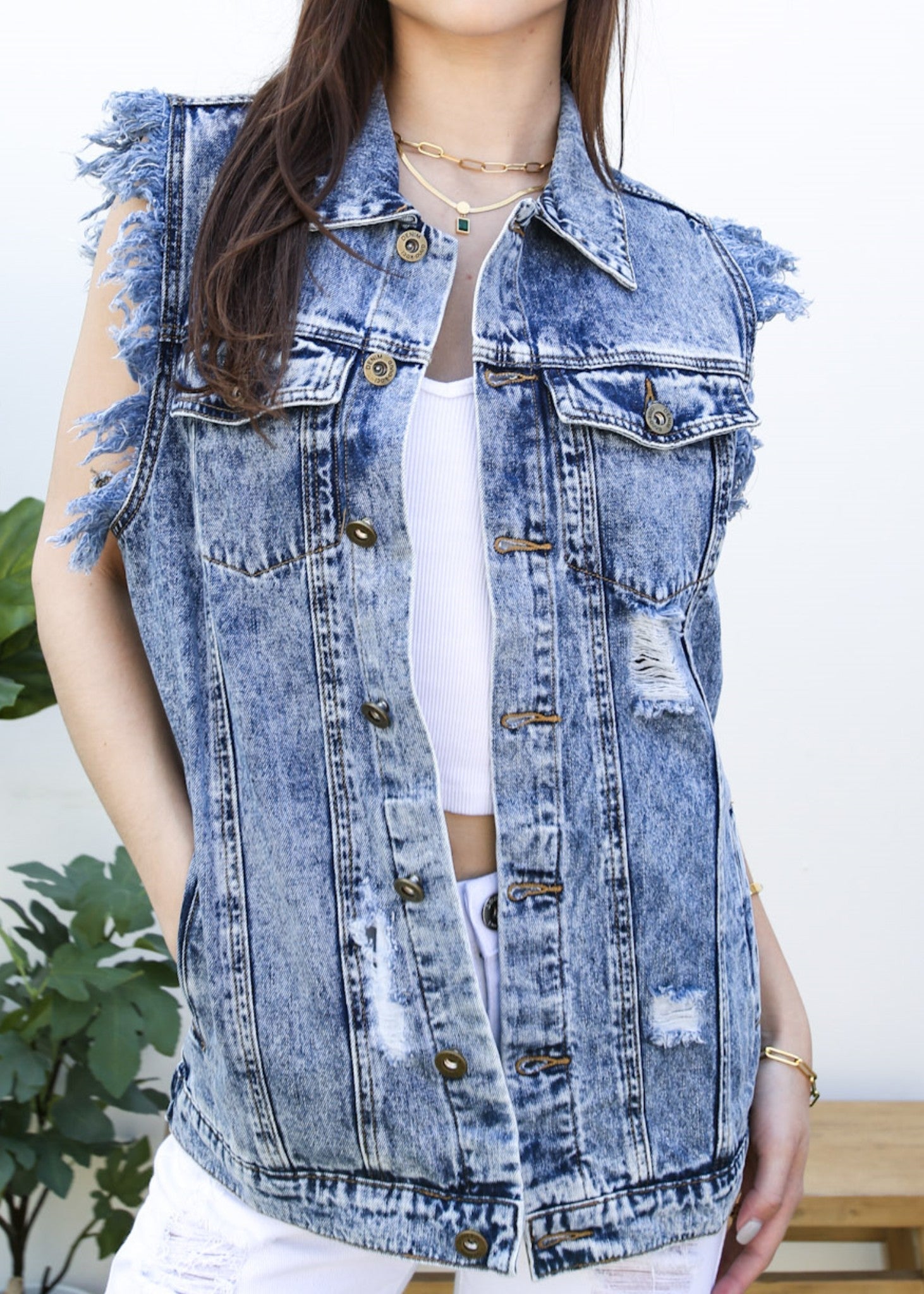 Oversize Distressed Sleeveless Denim Vest by Anna-Kaci