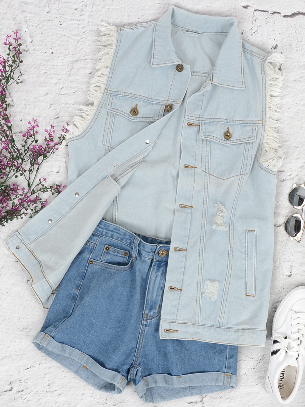 Oversize Distressed Sleeveless Denim Vest by Anna-Kaci