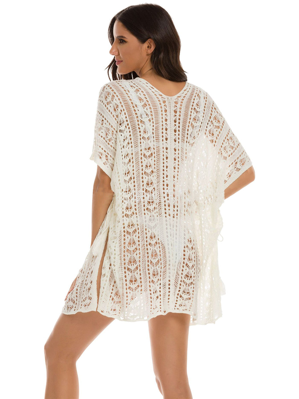 Anna-Kaci Women's White Crochet Cover Up Bathing Suit 3/4 Sleeve Tassel Dress Beach Wear by Anna-Kaci