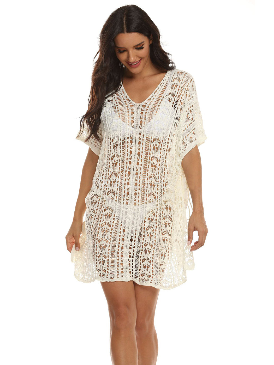 Anna-Kaci Women's White Crochet Cover Up Bathing Suit 3/4 Sleeve Tassel Dress Beach Wear by Anna-Kaci