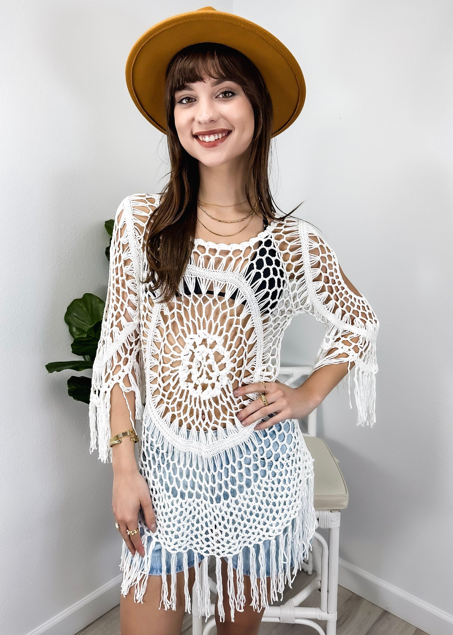 Anna-Kaci Women's White Crochet Cover Up Bathing Suit 3/4 Sleeve Tassel Dress Beach Wear by Anna-Kaci