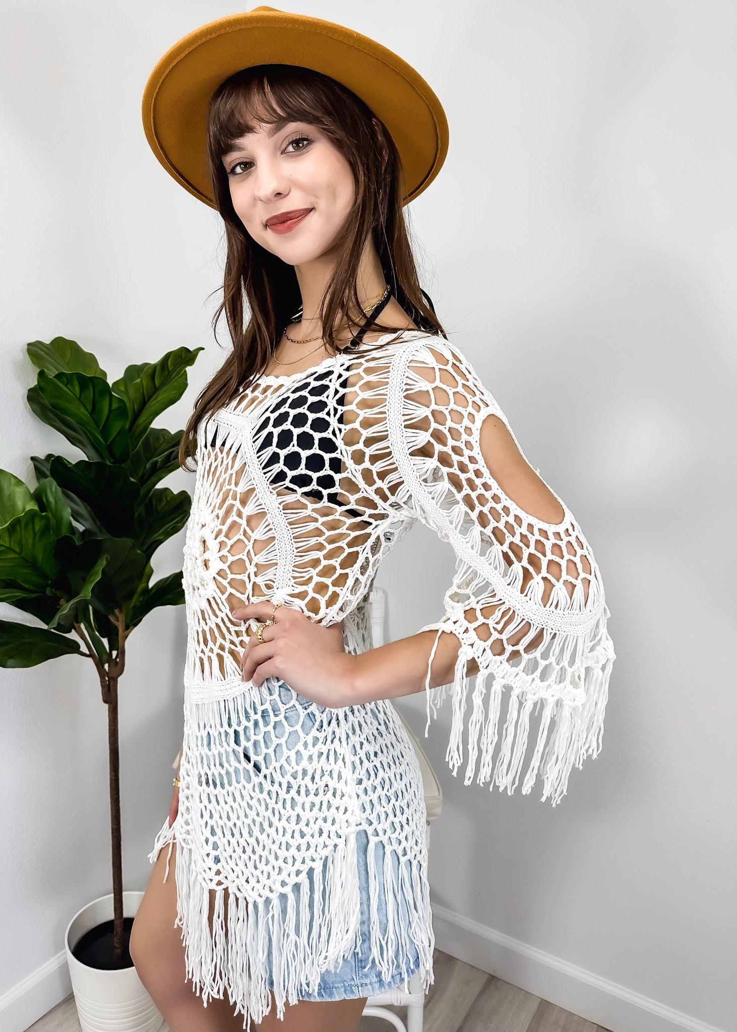 Anna-Kaci Women's White Crochet Cover Up Bathing Suit 3/4 Sleeve Tassel Dress Beach Wear by Anna-Kaci