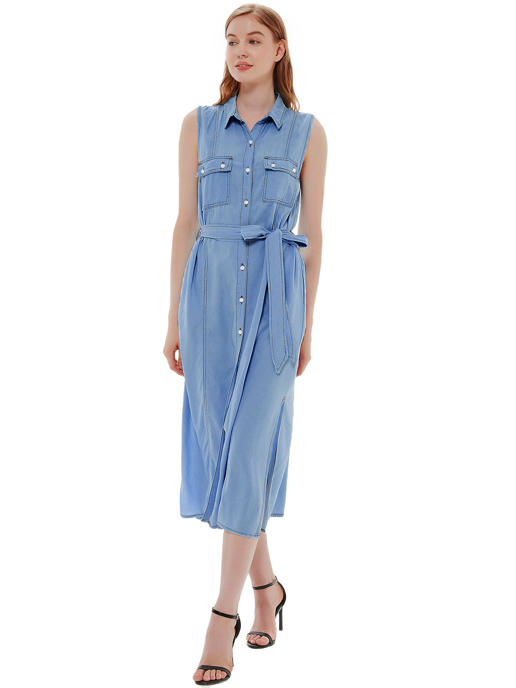 Anna-Kaci Women's Sleeveless Jean Shirt Dress Tied Waist Turn Down Collar Pocket Denim Dress by Anna-Kaci