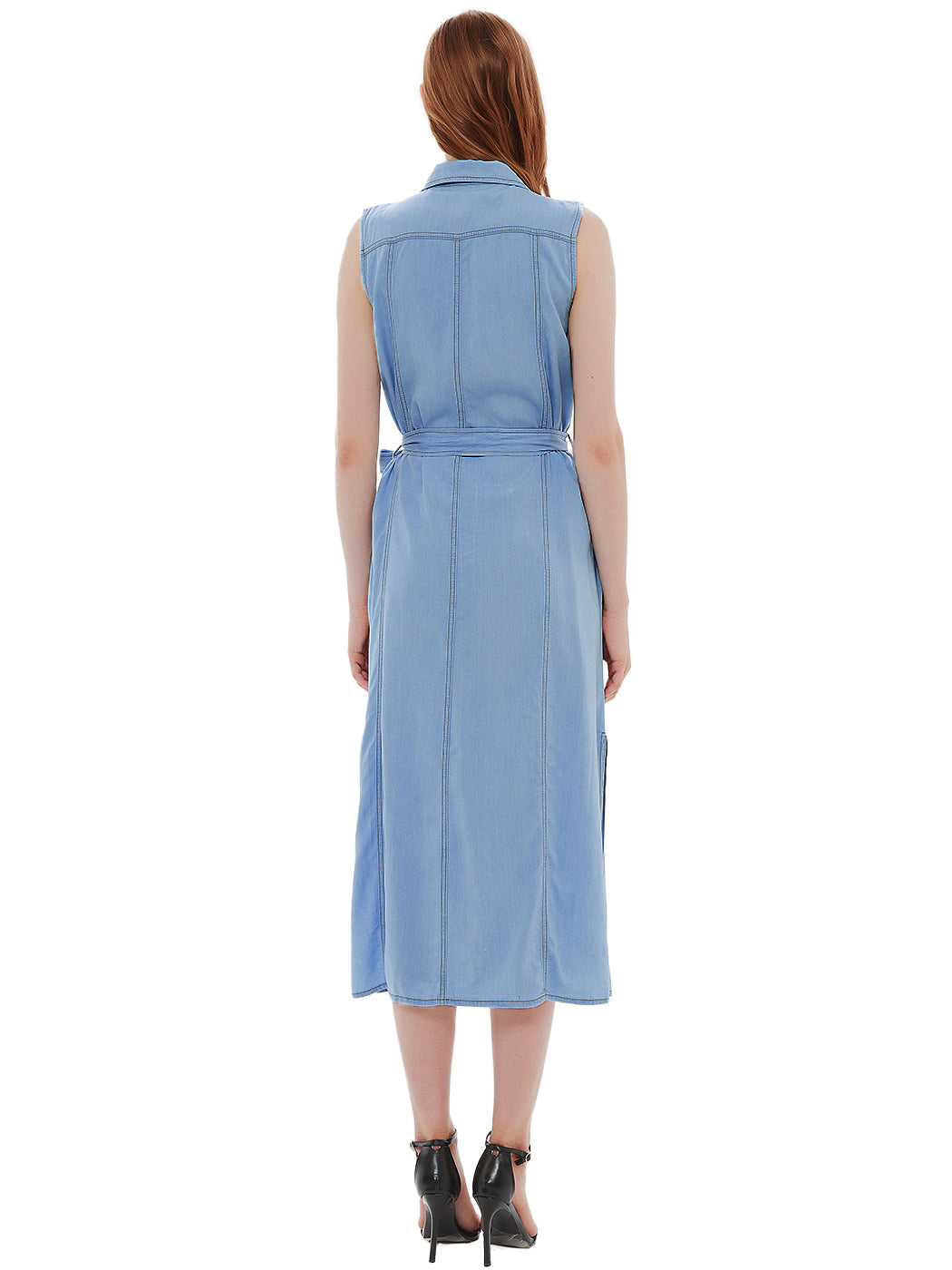 Anna-Kaci Women's Sleeveless Jean Shirt Dress Tied Waist Turn Down Collar Pocket Denim Dress by Anna-Kaci