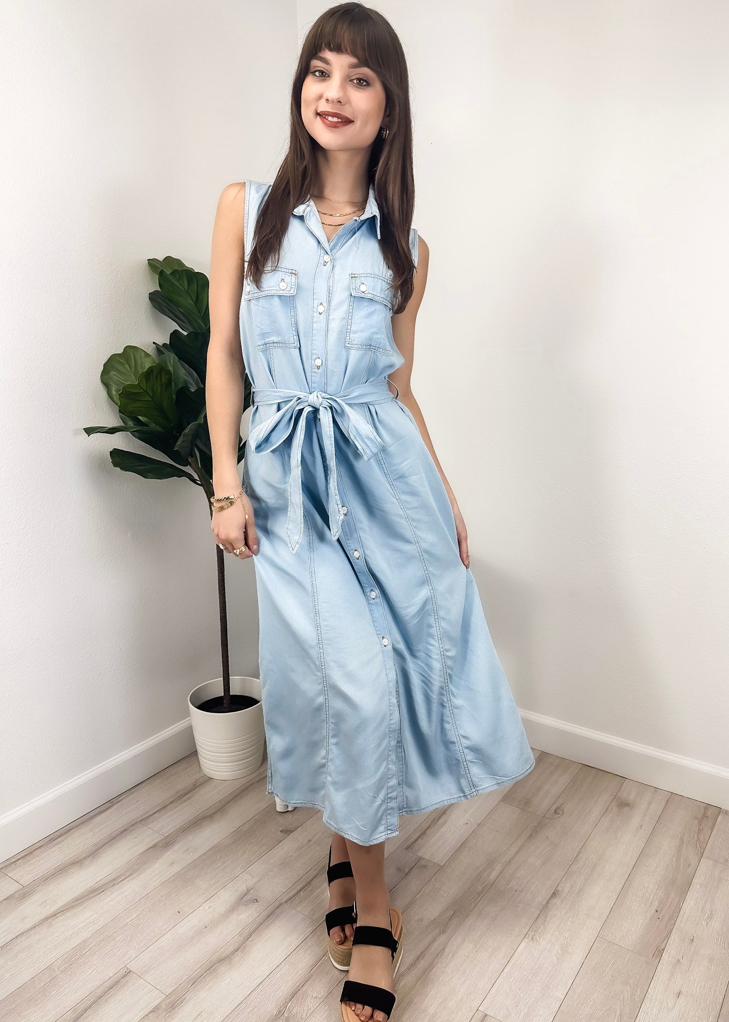 Anna-Kaci Women's Sleeveless Jean Shirt Dress Tied Waist Turn Down Collar Pocket Denim Dress by Anna-Kaci