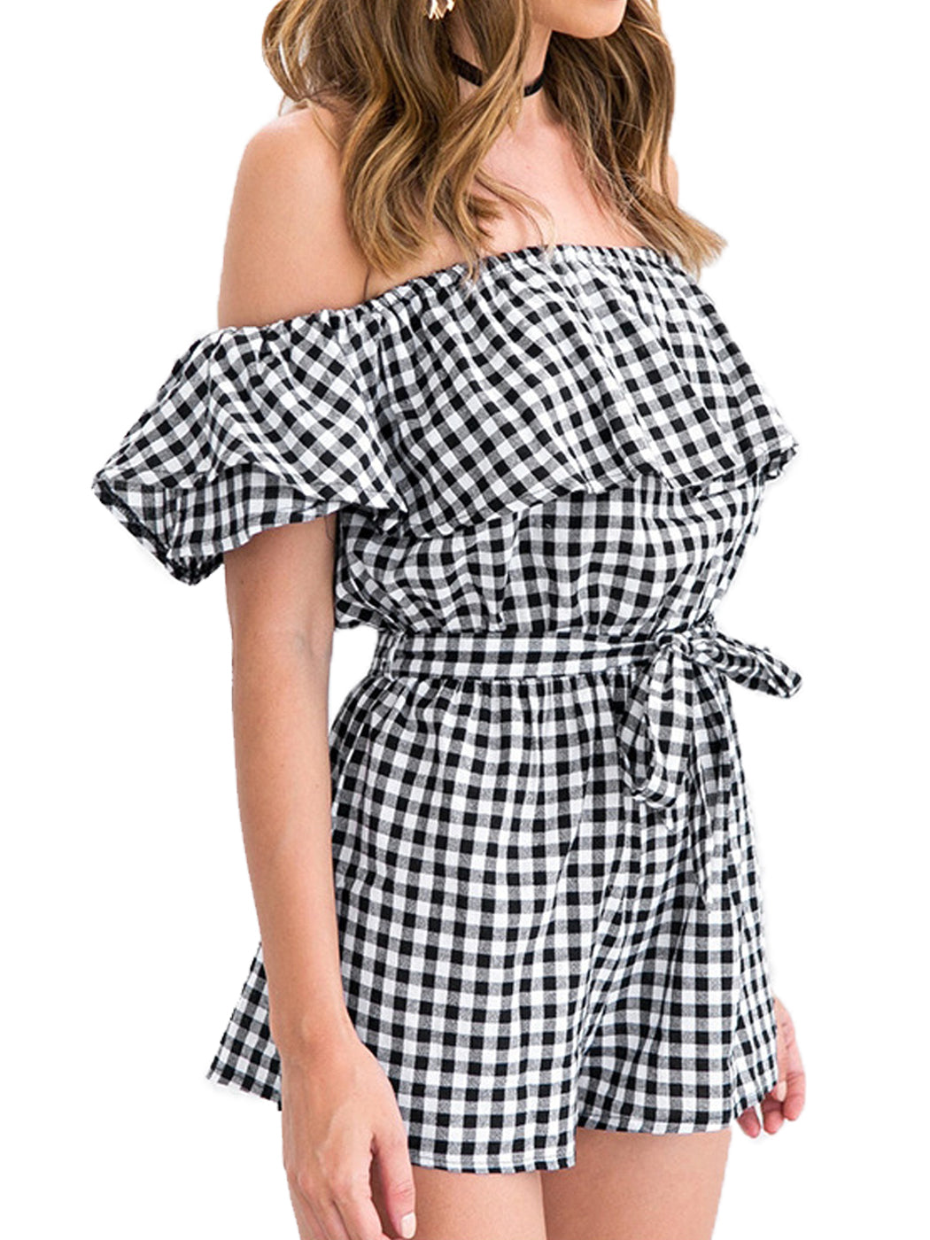 Anna-Kaci Womens Off Shoulder Short Rompers Ruffle Hem Drawstring Waist Plaid Short Jumpsuit by Anna-Kaci