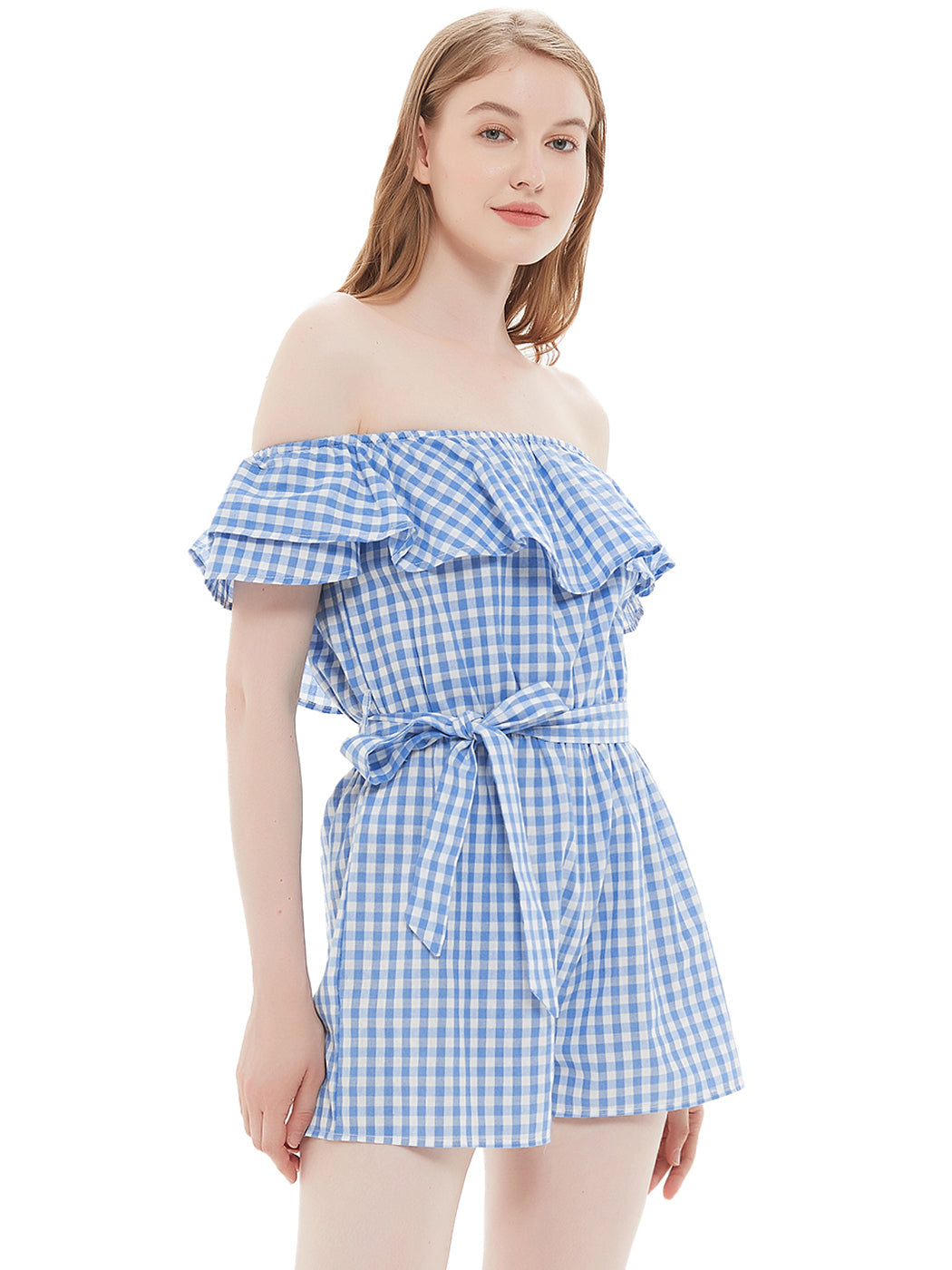 Anna-Kaci Womens Off Shoulder Short Rompers Ruffle Hem Drawstring Waist Plaid Short Jumpsuit by Anna-Kaci