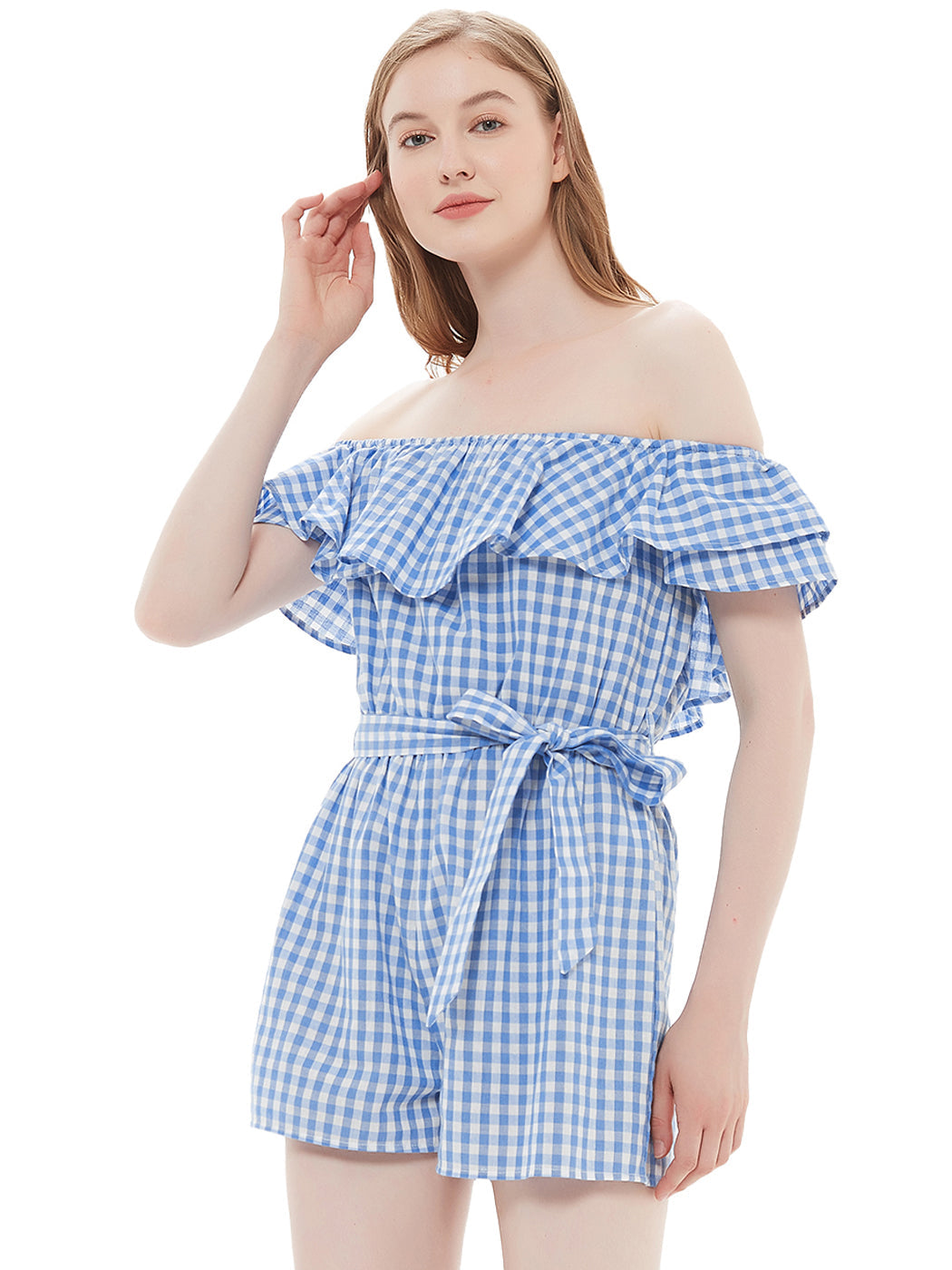 Anna-Kaci Womens Off Shoulder Short Rompers Ruffle Hem Drawstring Waist Plaid Short Jumpsuit by Anna-Kaci