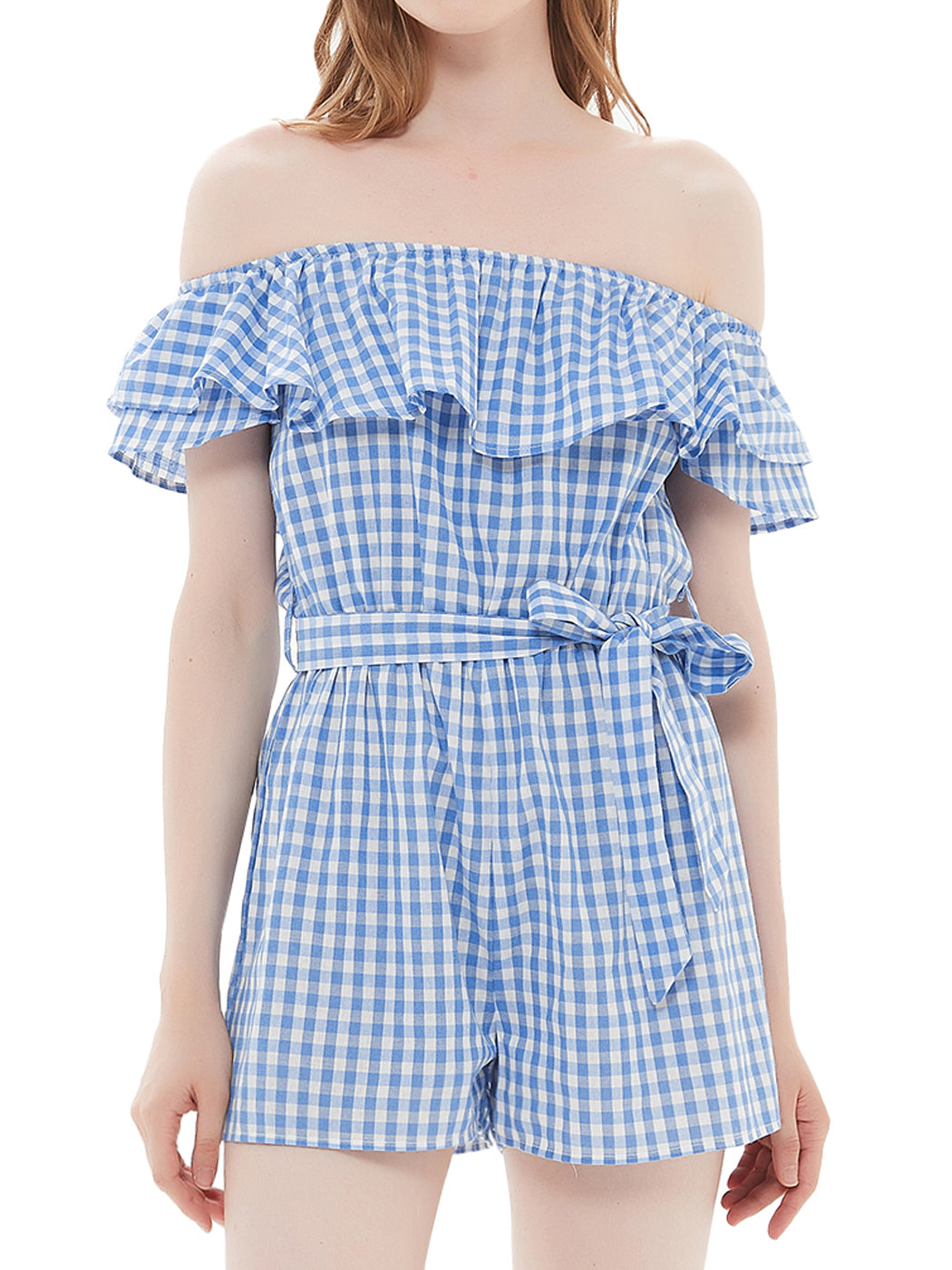 Anna-Kaci Womens Off Shoulder Short Rompers Ruffle Hem Drawstring Waist Plaid Short Jumpsuit by Anna-Kaci