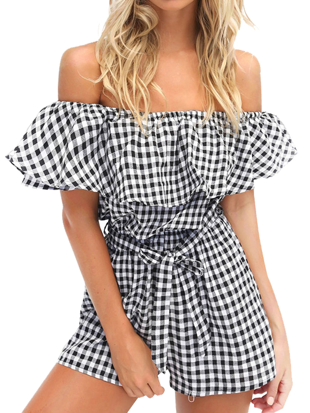 Anna-Kaci Womens Off Shoulder Short Rompers Ruffle Hem Drawstring Waist Plaid Short Jumpsuit by Anna-Kaci