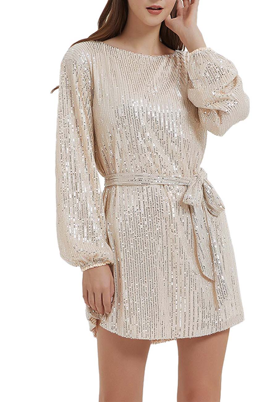 Anna-Kaci Women's Sparkly Sequins Party Dress Long Sleeve Crew Neck Elegant Loose Fashion Dresses by Anna-Kaci