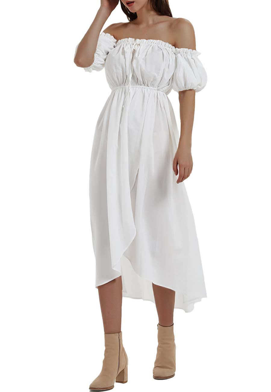 Anna-Kaci Women White Summer Fall Renaissance Dresses Casual Boho Lantern Sleeve Off Shoulder Fairy Long Dress by Anna-Kaci