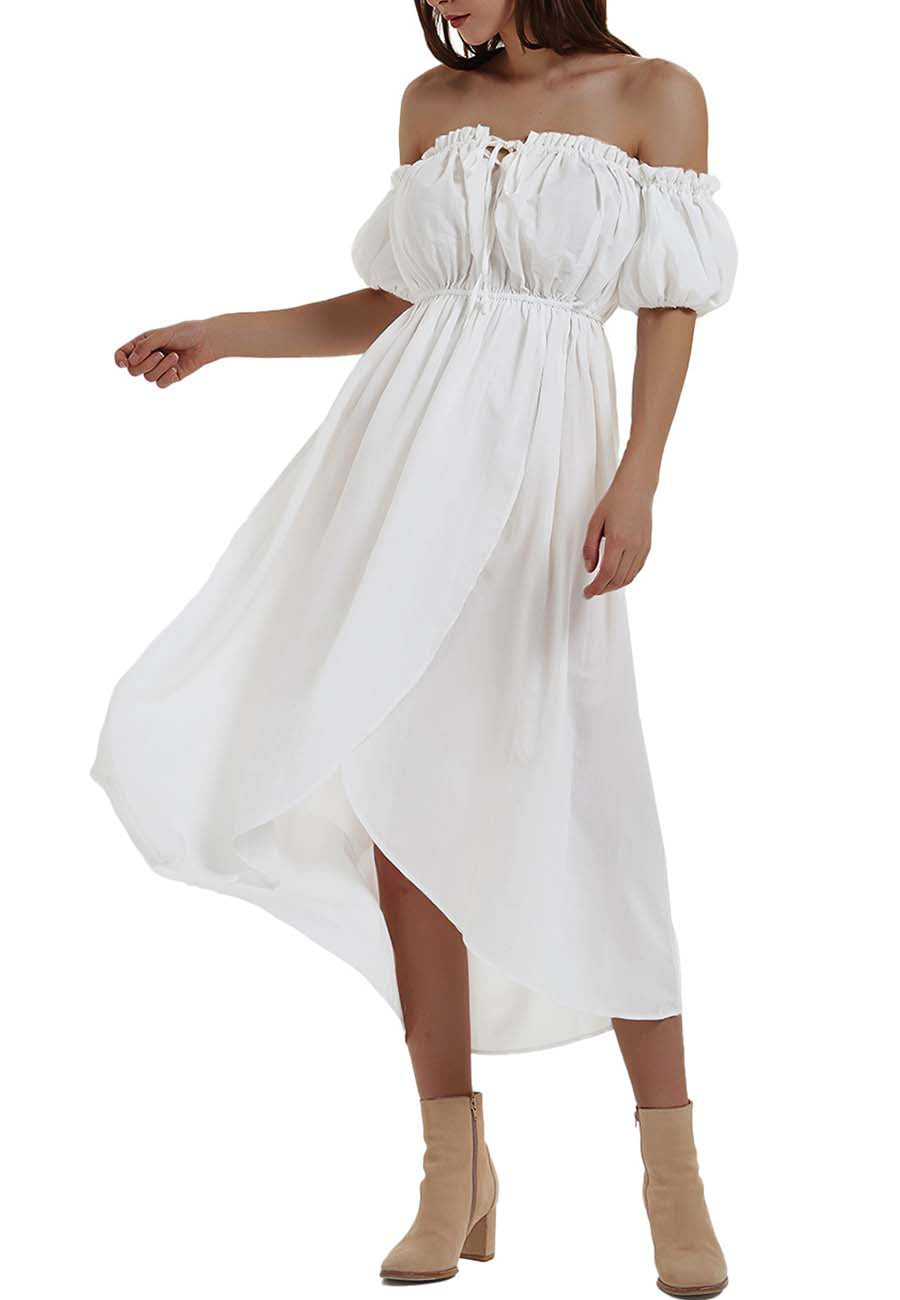 Anna-Kaci Women White Summer Fall Renaissance Dresses Casual Boho Lantern Sleeve Off Shoulder Fairy Long Dress by Anna-Kaci