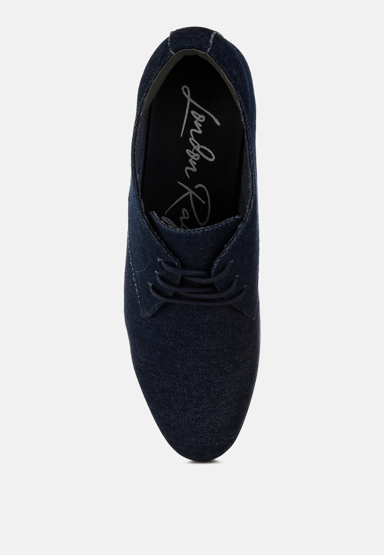 Navy Denim Oxford Shoes by London Rag – classic Oxford shoes with a chic denim upper, lace-up design, and low block heel, back view