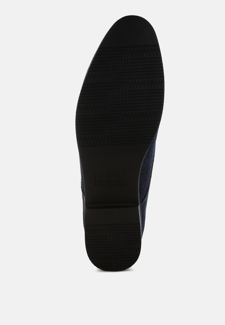 Navy Denim Oxford Shoes by London Rag – classic Oxford shoes with a chic denim upper, lace-up design, and low block heel, close-up detail view