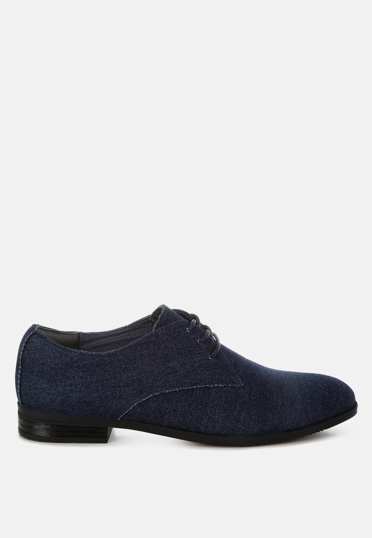 Navy Denim Oxford Shoes by London Rag – classic Oxford shoes with a chic denim upper, lace-up design, and low block heel, front view