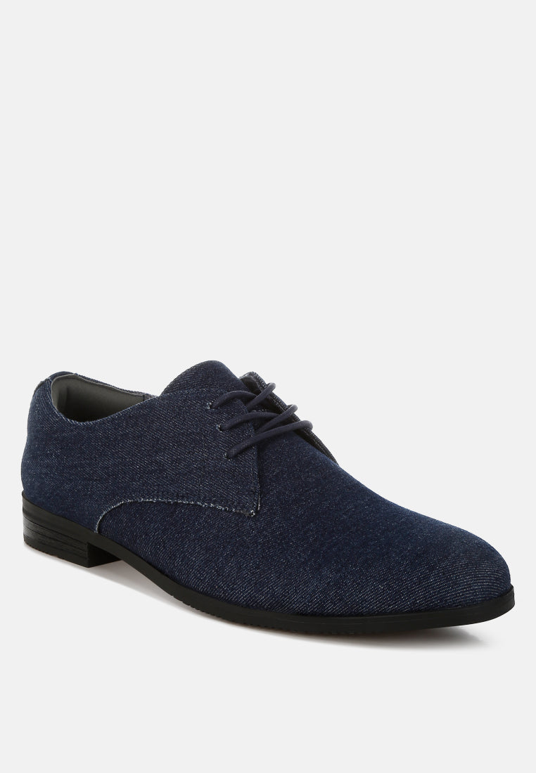 Navy Denim Oxford Shoes by London Rag – classic Oxford shoes with a chic denim upper, lace-up design, and low block heel, side profile view