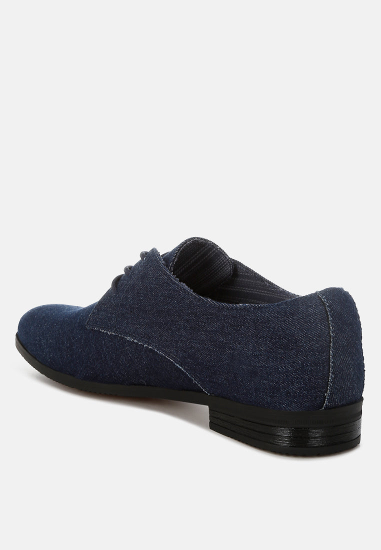 Navy Denim Oxford Shoes by London Rag – classic Oxford shoes with a chic denim upper, lace-up design, and low block heel, angled view