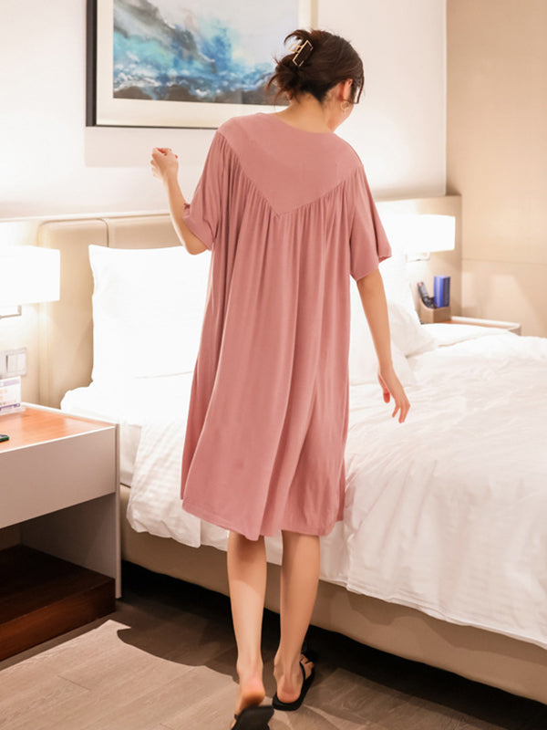 Loose Solid Color Pleated Modal Pajamas Dress by migunica