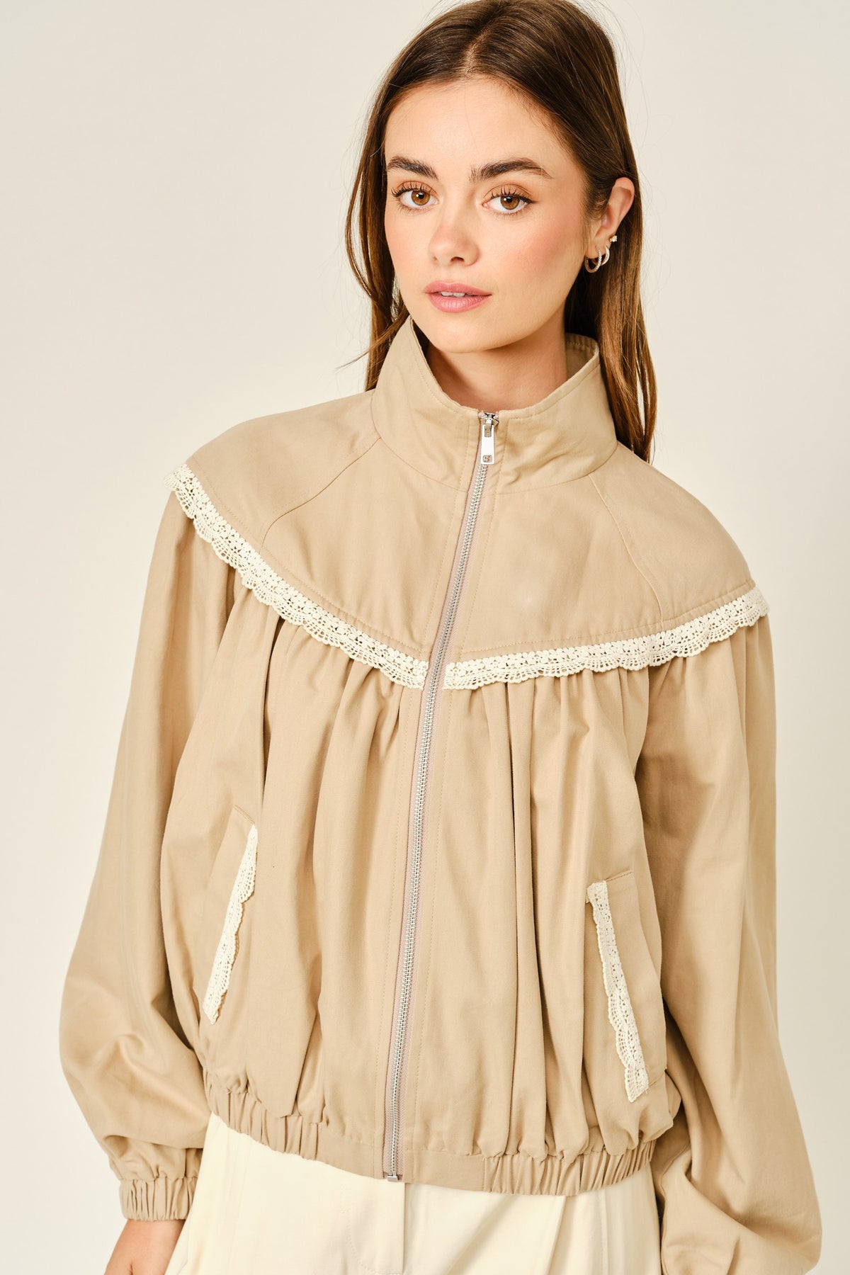 Tan Lace Trim Bomber Jacket