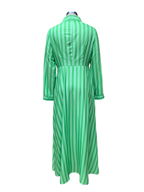 Stylish Long Sleeves Striped Lapel Collar Maxi Dresses by migunica