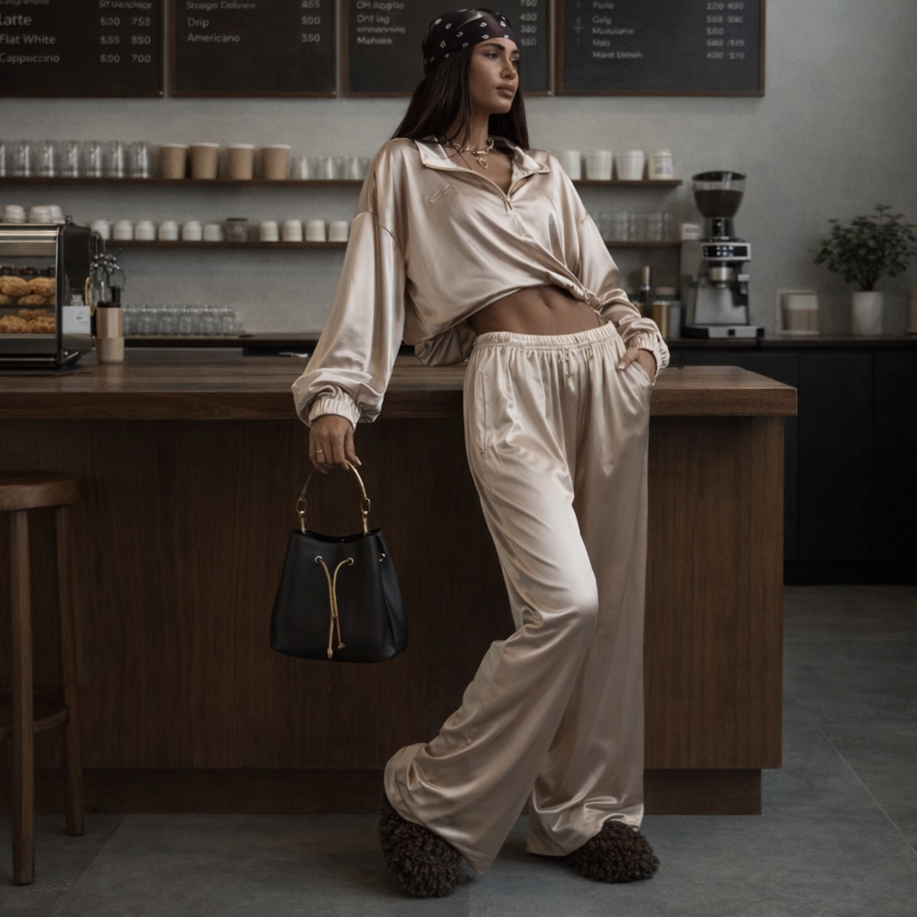 Model wearing the champagne satin Soft Serve Set - long-sleeve top and wide-leg trousers - with a black handbag at a cafe counter