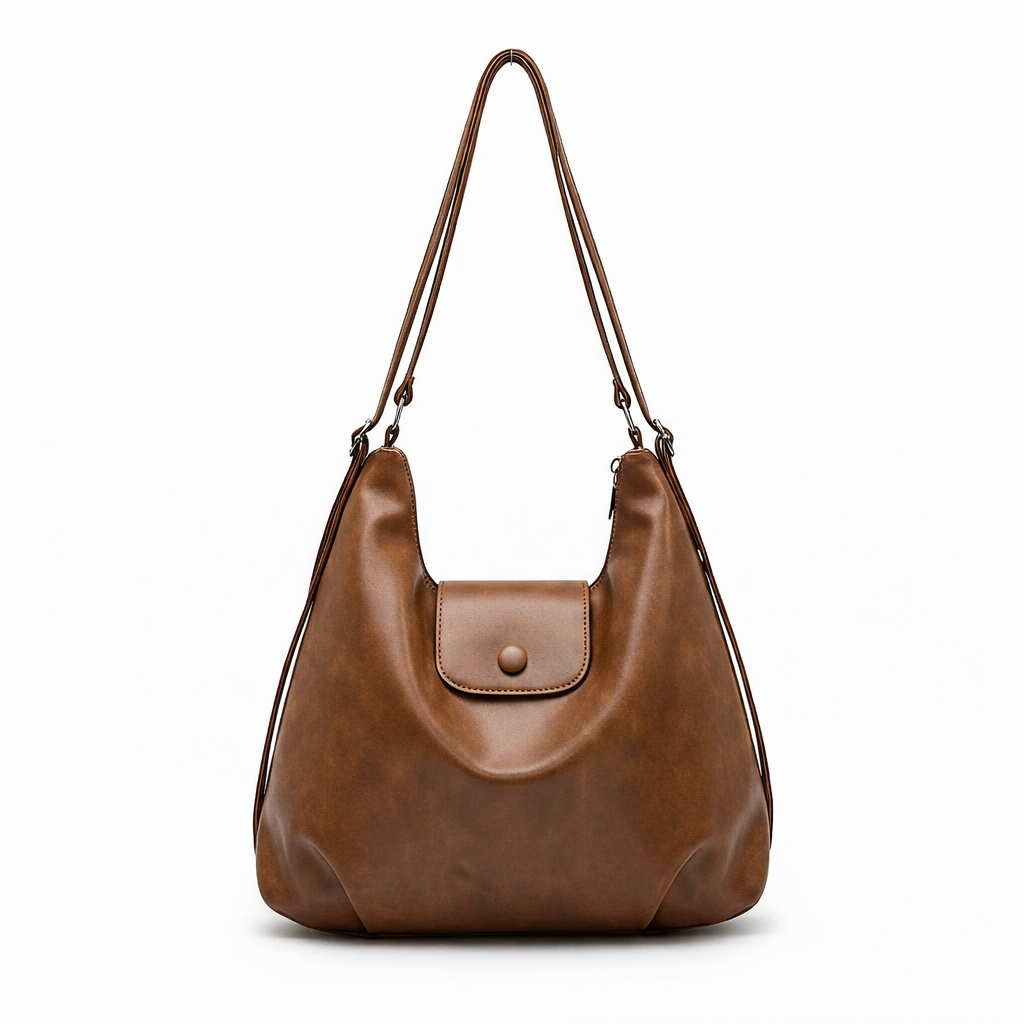Coffee brown Deluxxie Relaxed Faux-Leather Shoulder Bag with slouchy crescent shape, front button-flap pocket and long shoulder straps, shown on a white background