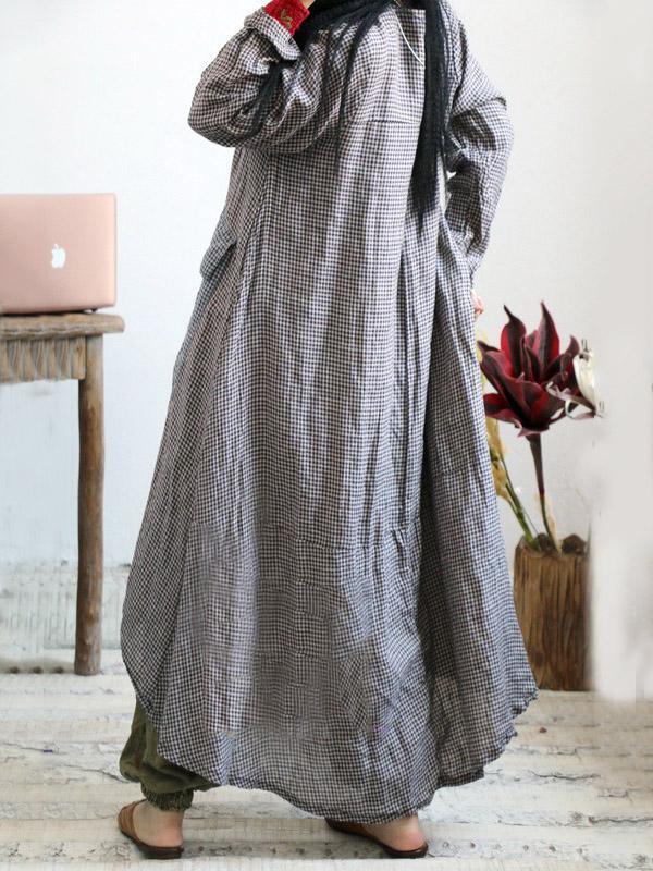 Loose Vintage Linen Plaid Round-neck Long Dress by migunica