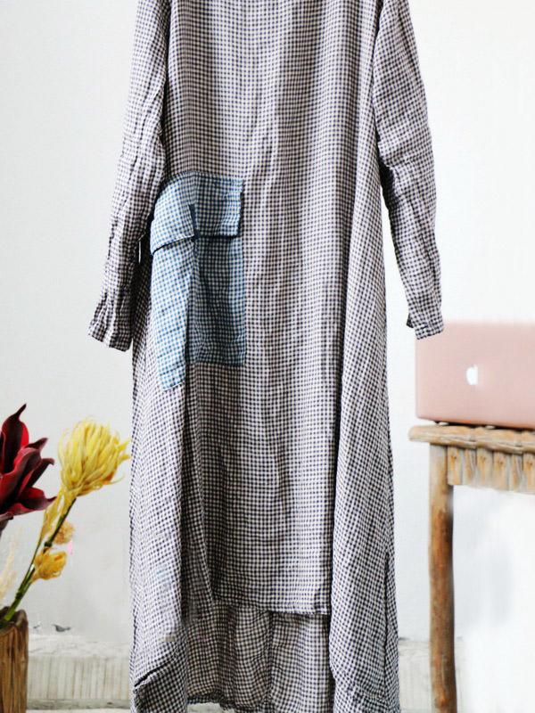 Loose Vintage Linen Plaid Round-neck Long Dress by migunica