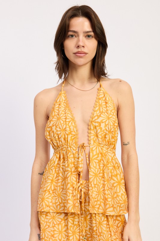Backless Front Tie Halter Top with Lace Trim - front view showing lace trim detail and front tie