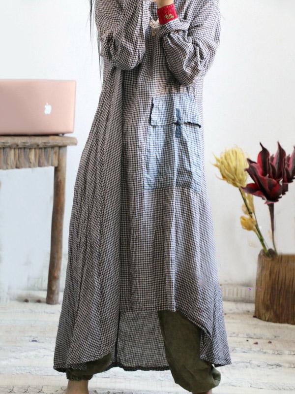 Loose Vintage Linen Plaid Round-neck Long Dress by migunica