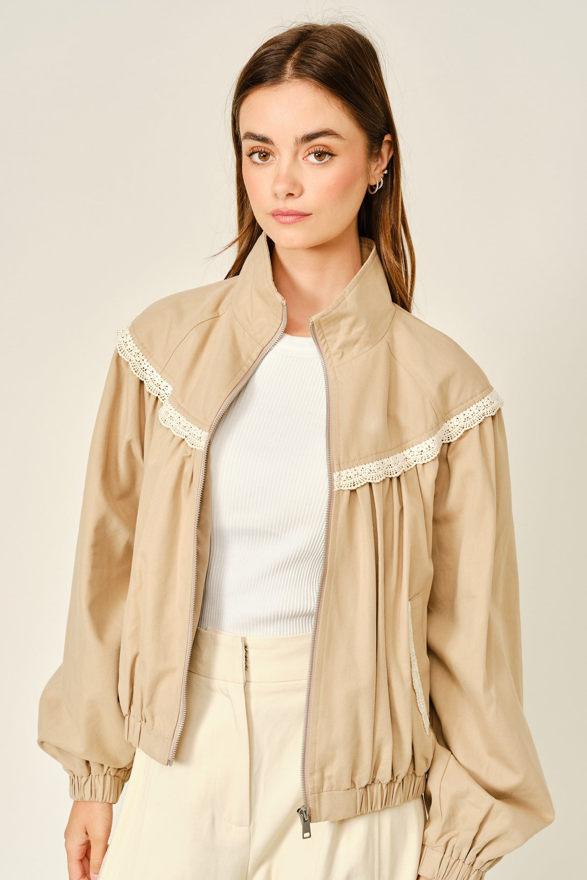 Tan Lace Trim Bomber Jacket