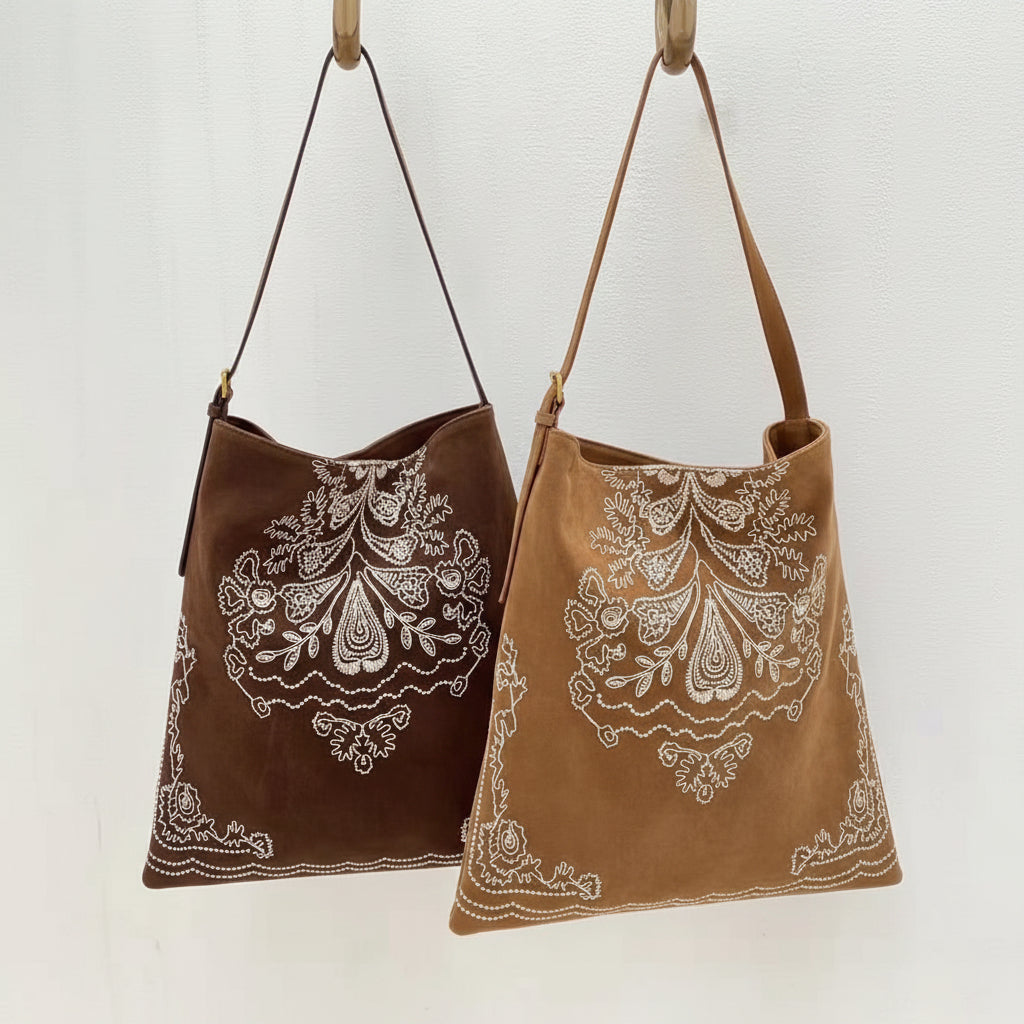 Boho Crochet Tote - close-up of intricate ethnic embroidery and crochet detailing