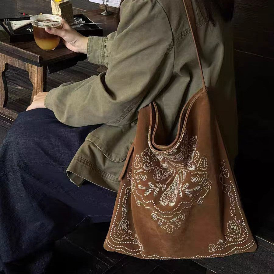 Boho Crochet Tote - Brown colorway front view with warm earthy tones