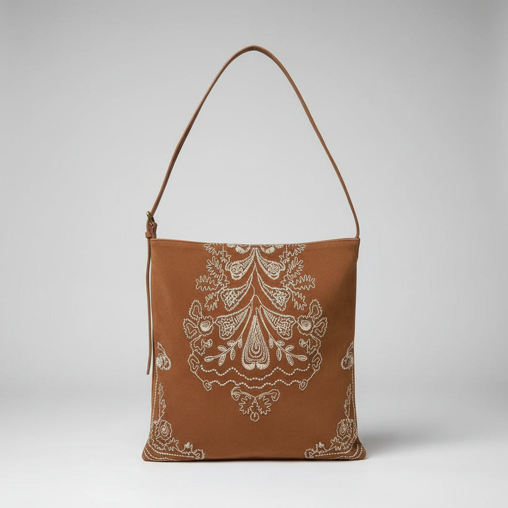 Boho Crochet Tote - open top view showing roomy fabric interior