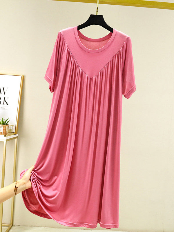 Loose Solid Color Pleated Modal Pajamas Dress by migunica